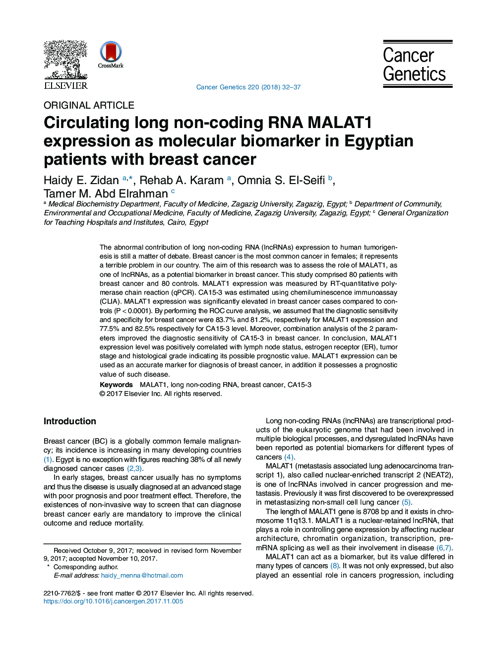 Circulating long non-coding RNA MALAT1 expression as molecular biomarker in Egyptian patients with breast cancer