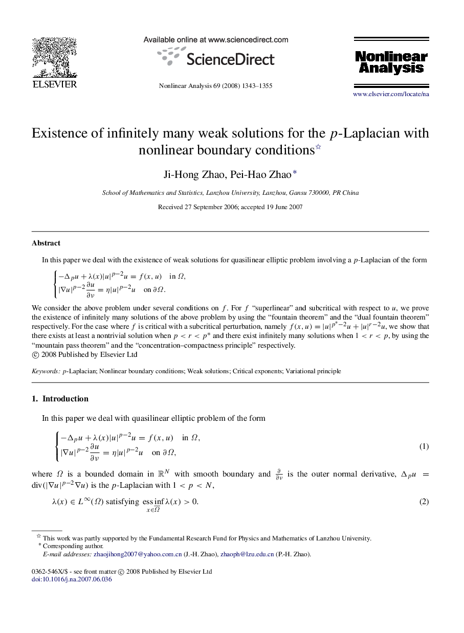 Existence of infinitely many weak solutions for the pp-Laplacian with nonlinear boundary conditions 