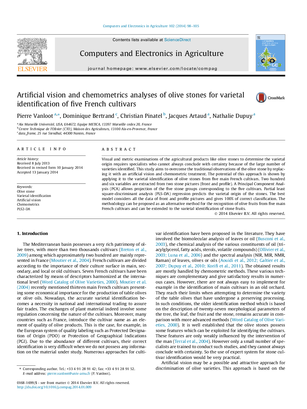 Artificial vision and chemometrics analyses of olive stones for varietal identification of five French cultivars