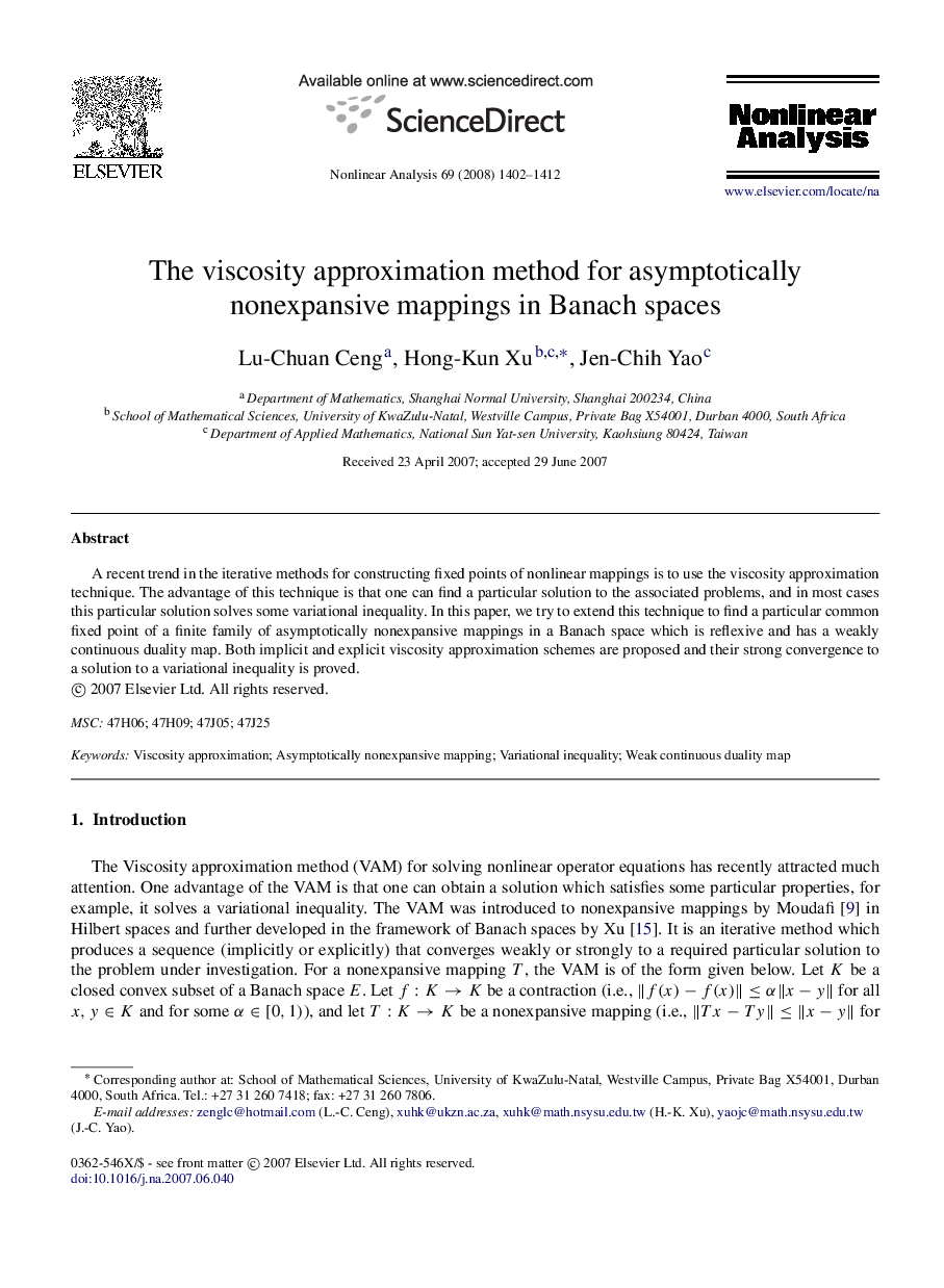 The viscosity approximation method for asymptotically nonexpansive mappings in Banach spaces