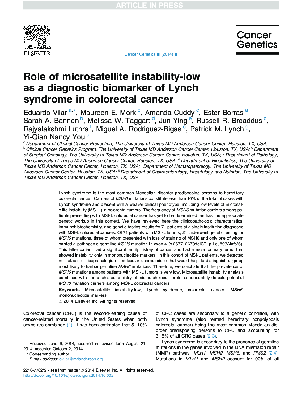 نقش بی ثباتی میکروسفتال-کم به عنوان نشانگر زیستی تشخیصی سندرم لینچ در سرطان کولورکتال 