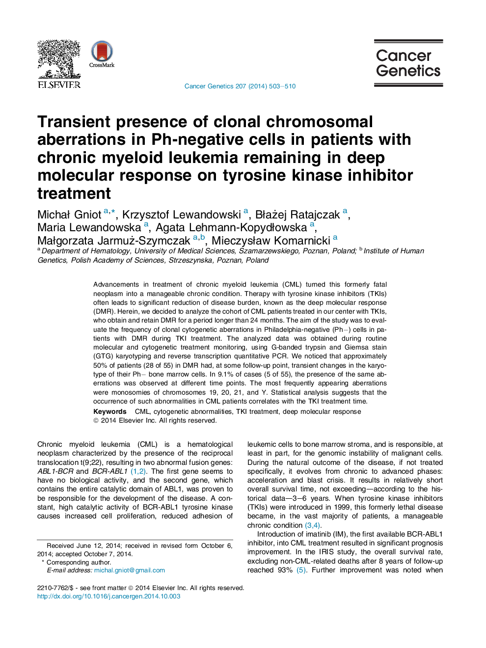 Transient presence of clonal chromosomal aberrations in Ph-negative cells in patients with chronic myeloid leukemia remaining in deep molecular response on tyrosine kinase inhibitor treatment