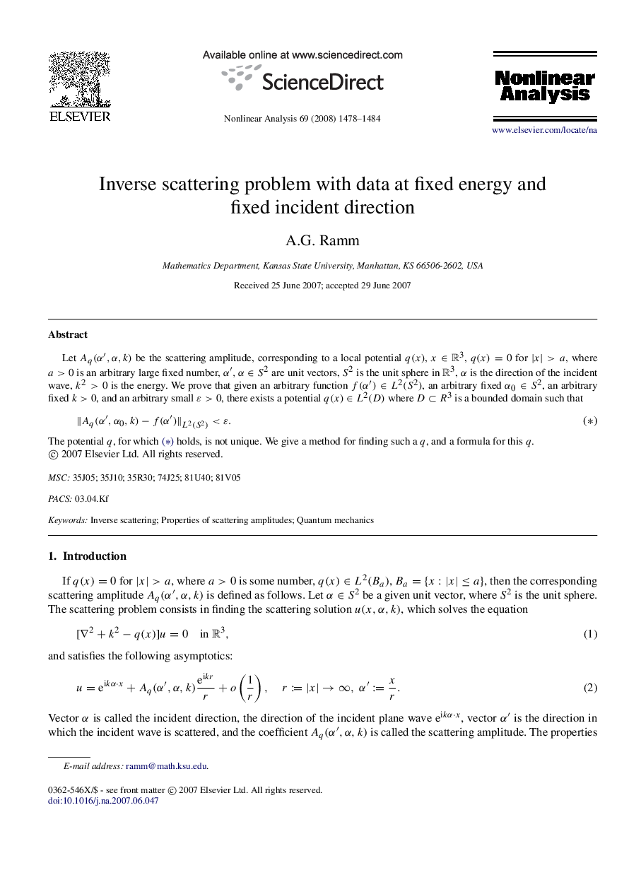 Inverse scattering problem with data at fixed energy and fixed incident direction