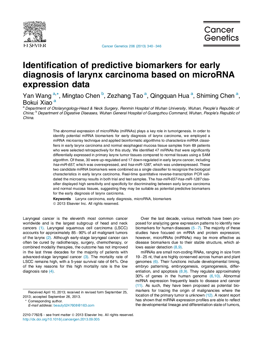 Identification of predictive biomarkers for early diagnosis of larynx carcinoma based on microRNA expression data