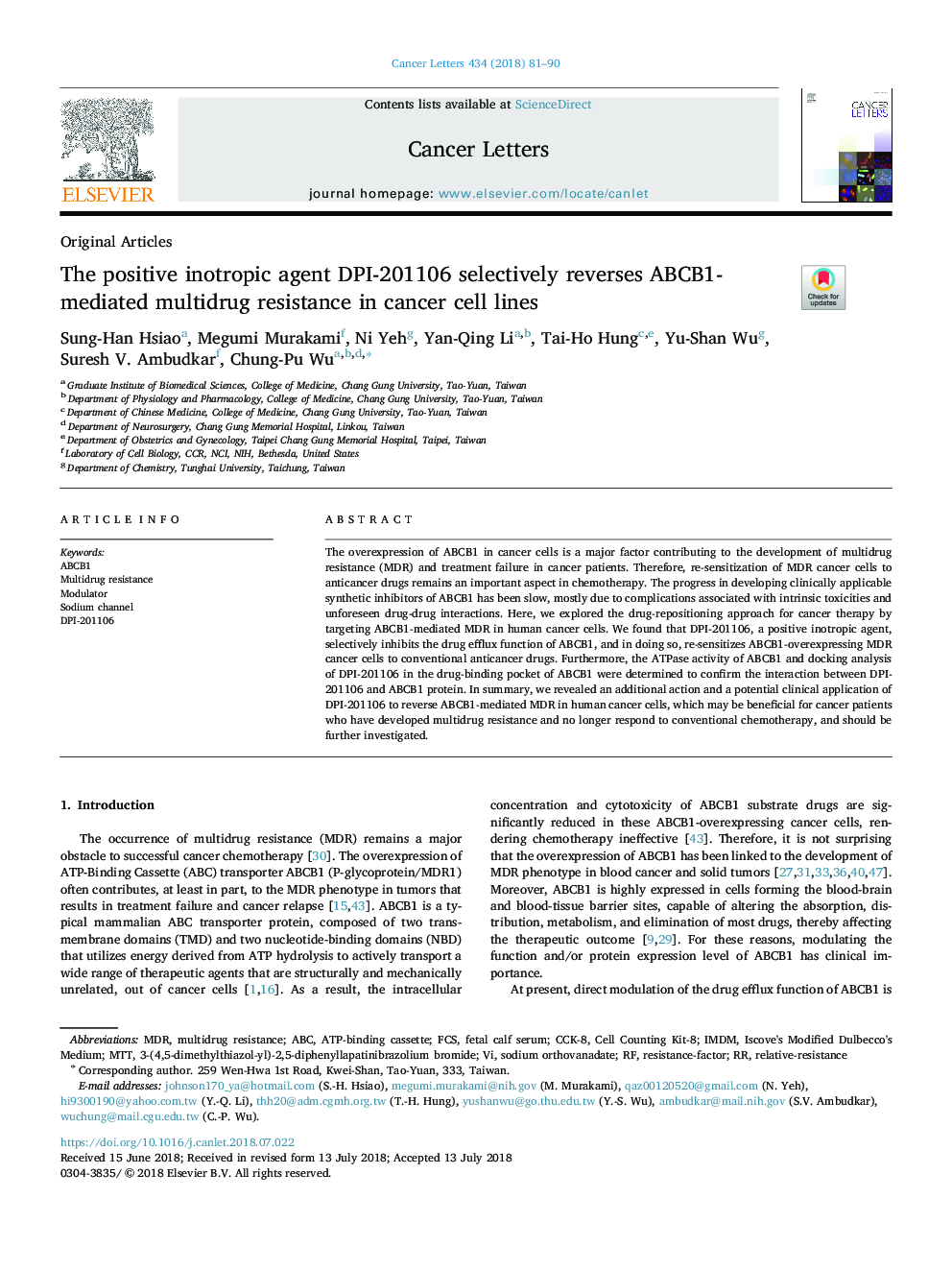 The positive inotropic agent DPI-201106 selectively reverses ABCB1-mediated multidrug resistance in cancer cell lines