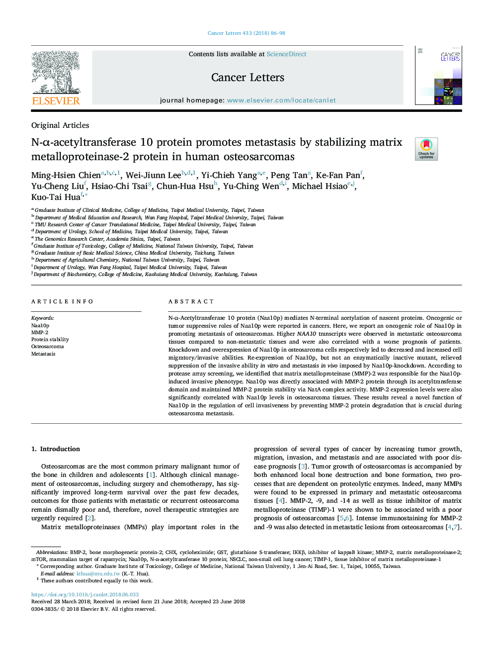 N-Î±-acetyltransferase 10 protein promotes metastasis by stabilizing matrix metalloproteinase-2 protein in human osteosarcomas