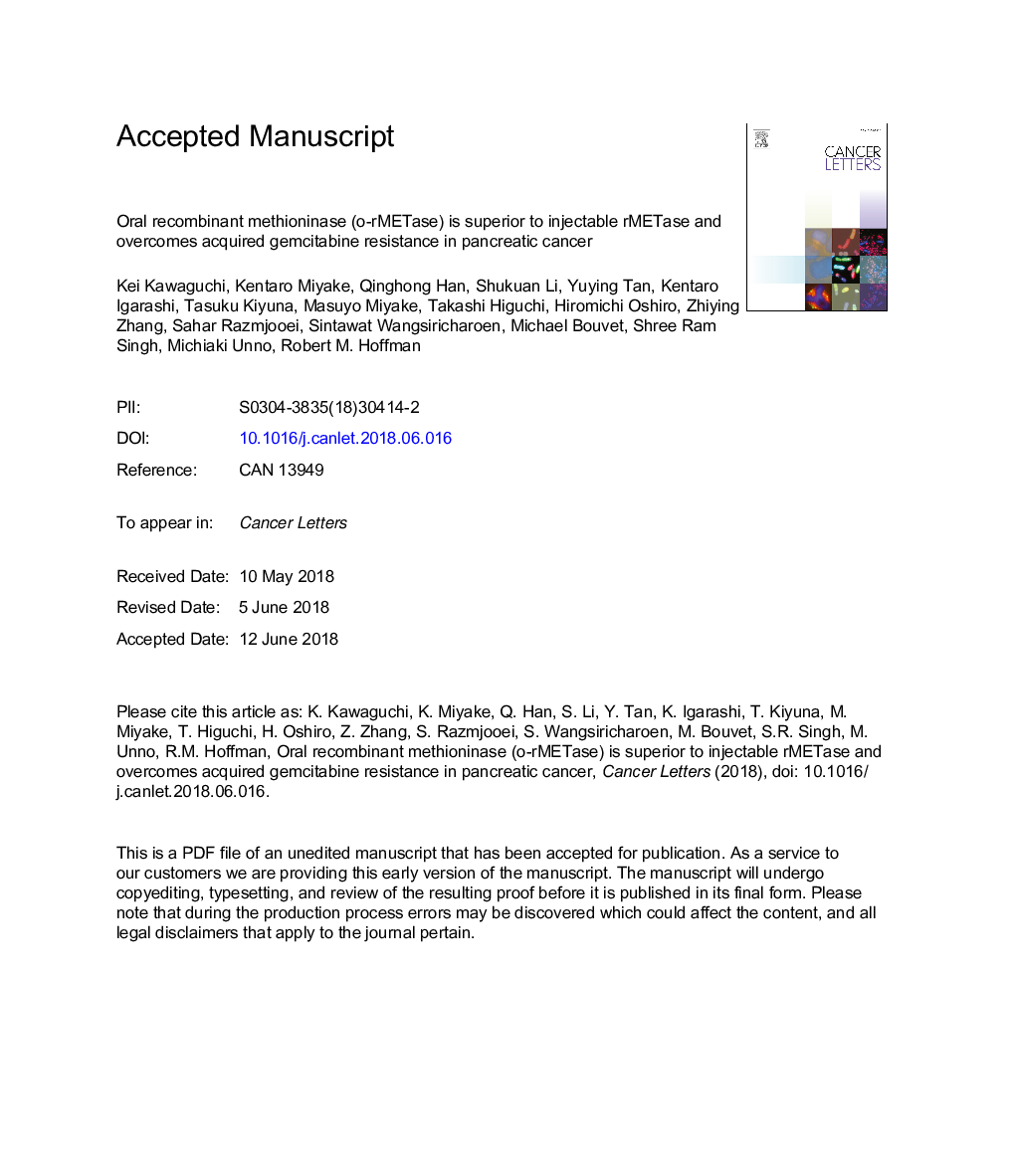 Oral recombinant methioninase (o-rMETase) is superior to injectable rMETase and overcomes acquired gemcitabine resistance in pancreatic cancer