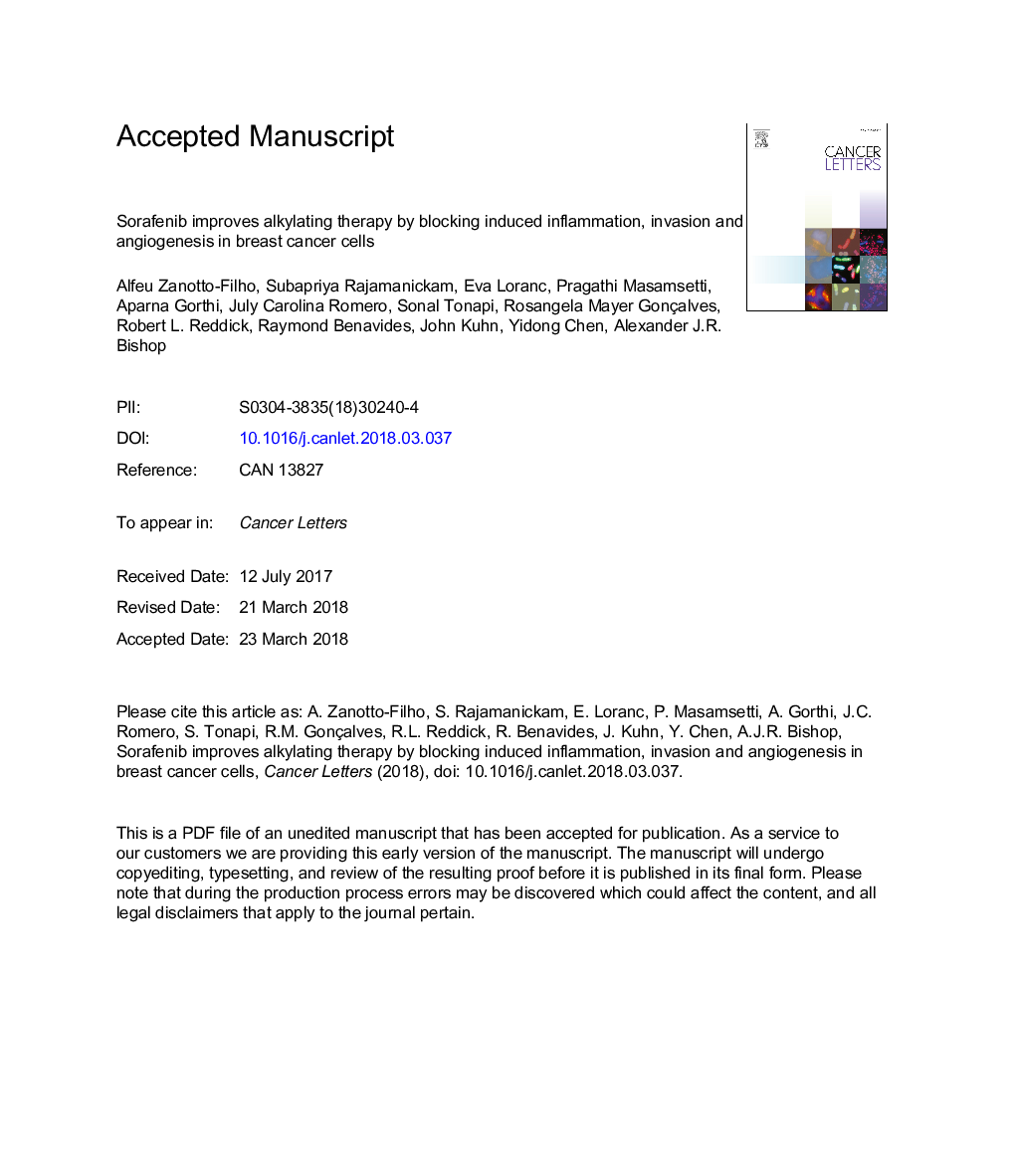 Sorafenib improves alkylating therapy by blocking induced inflammation, invasion and angiogenesis in breast cancer cells