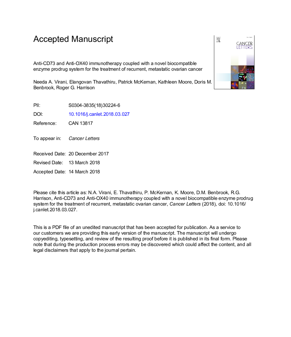 Anti-CD73 and anti-OX40 immunotherapy coupled with a novel biocompatible enzyme prodrug system for the treatment of recurrent, metastatic ovarian cancer