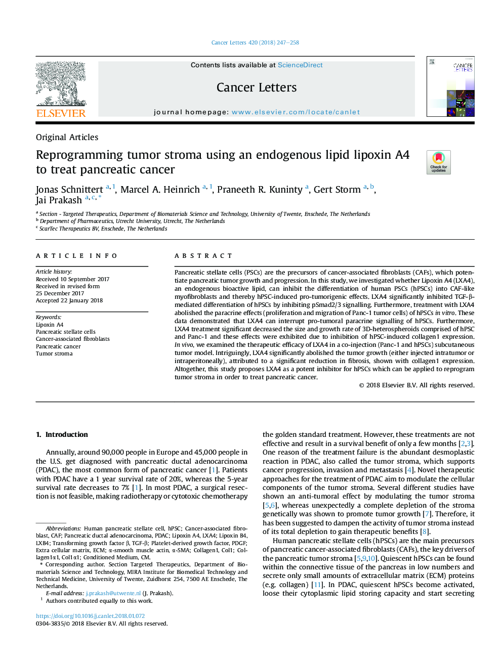 Reprogramming tumor stroma using an endogenous lipid lipoxin A4 to treat pancreatic cancer