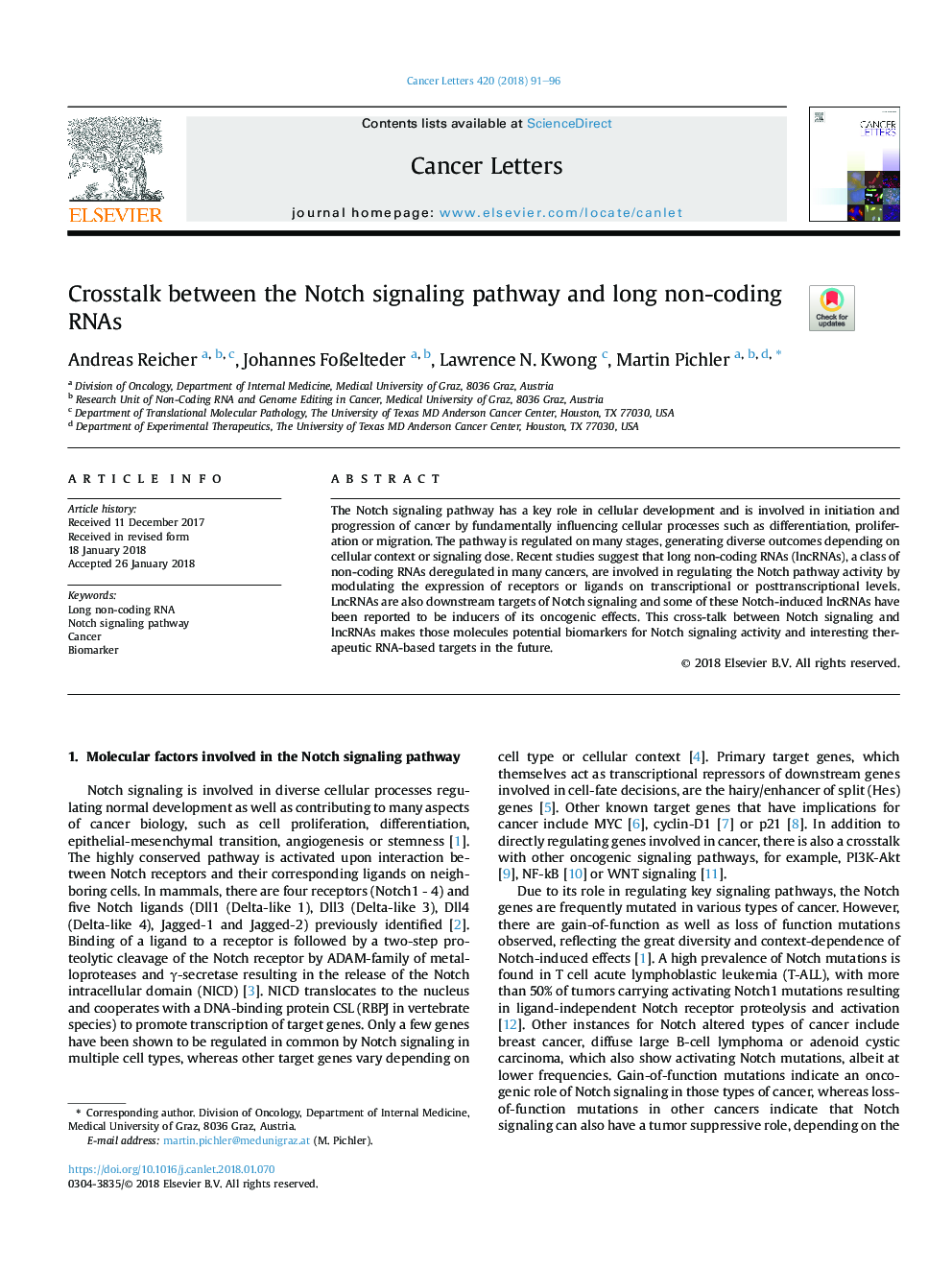 Crosstalk between the Notch signaling pathway and long non-coding RNAs