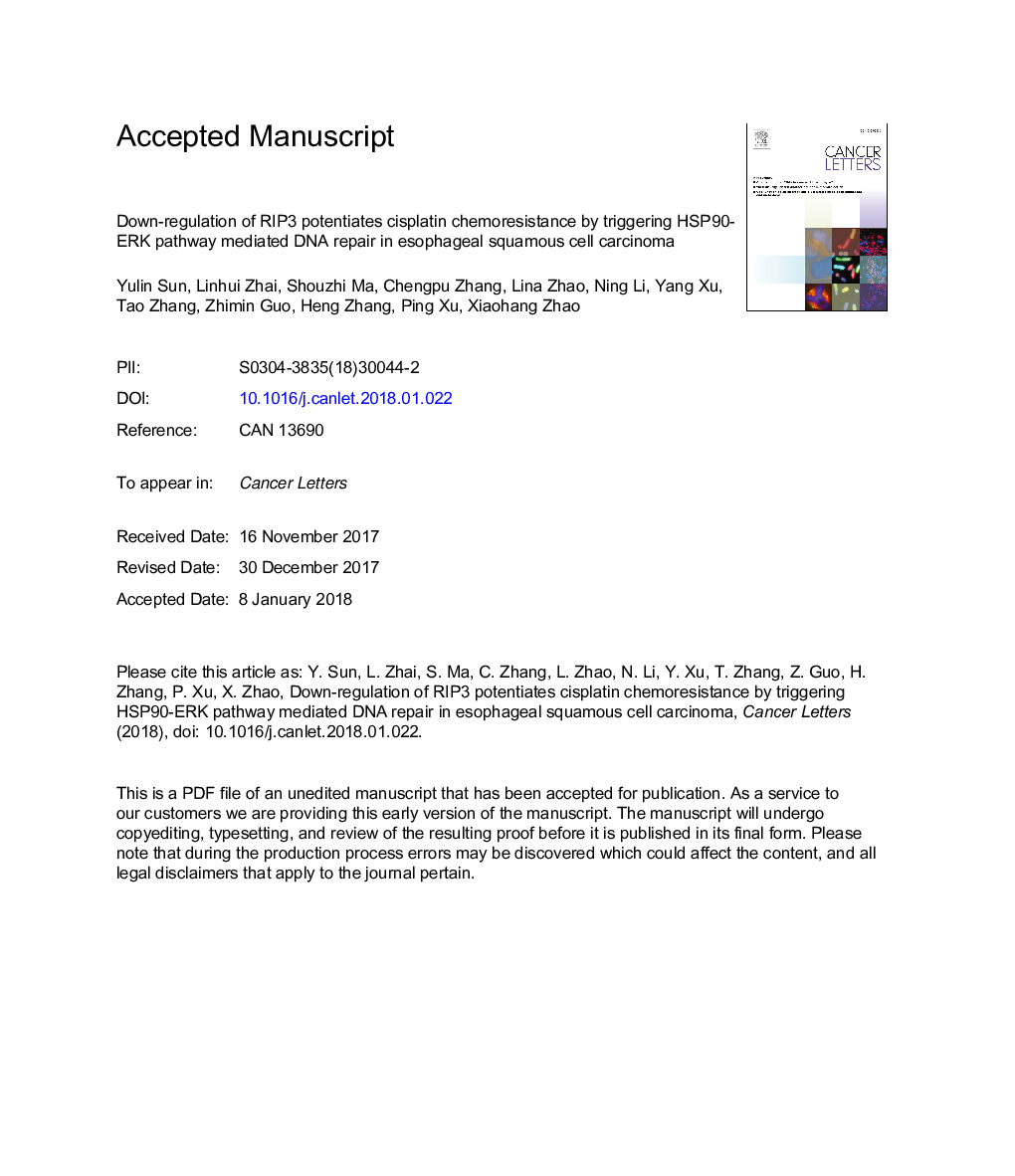 Down-regulation of RIP3 potentiates cisplatin chemoresistance by triggering HSP90-ERK pathway mediated DNA repair in esophageal squamous cell carcinoma