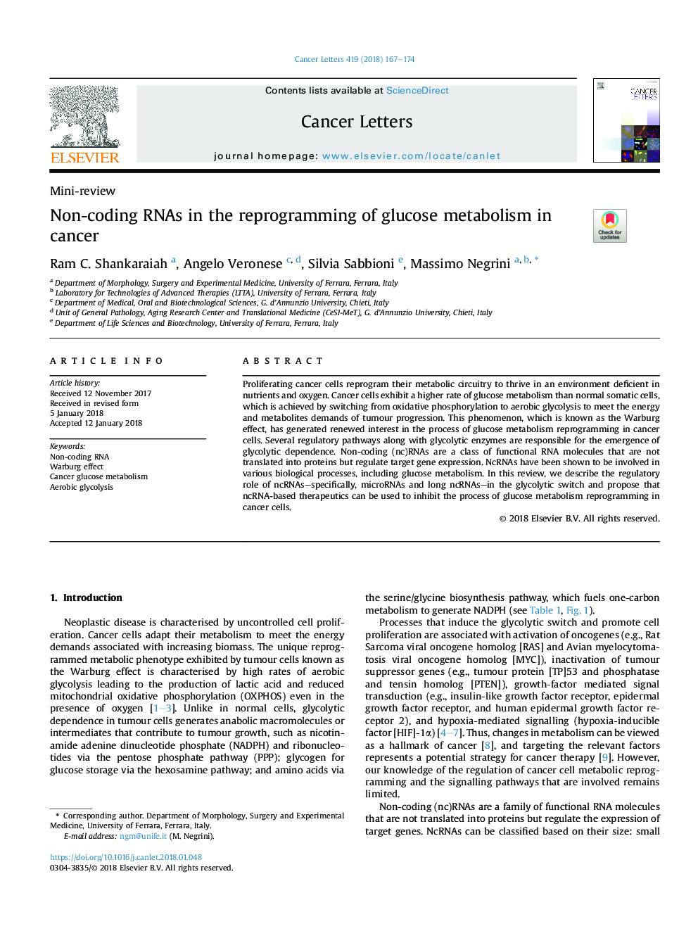 Non-coding RNAs in the reprogramming of glucose metabolism in cancer