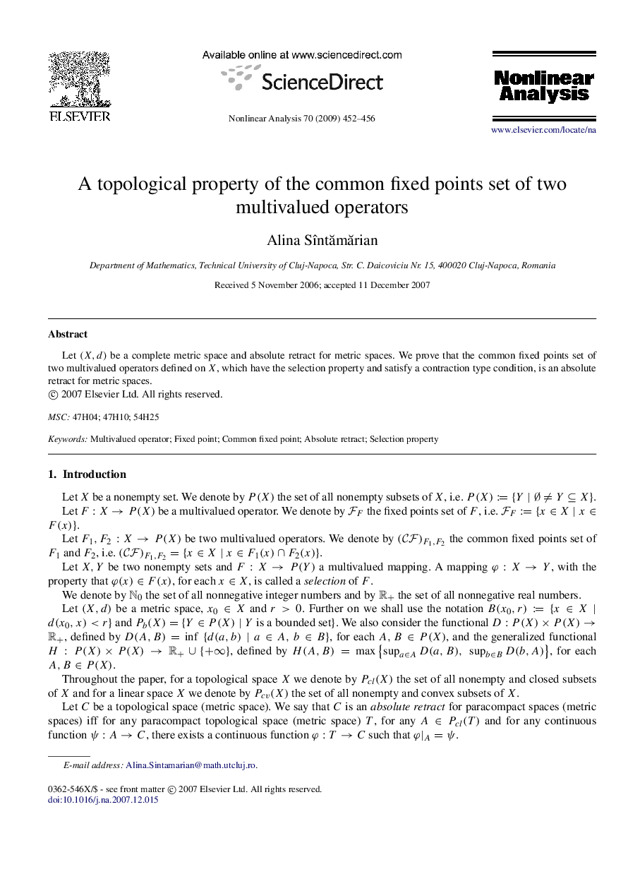 A topological property of the common fixed points set of two multivalued operators