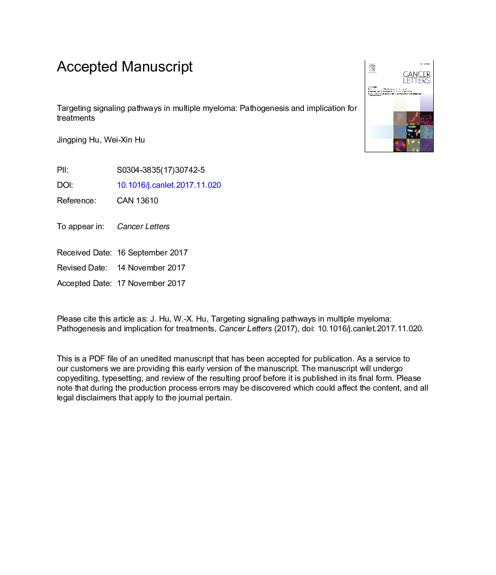 Targeting signaling pathways in multiple myeloma: Pathogenesis and implication for treatments