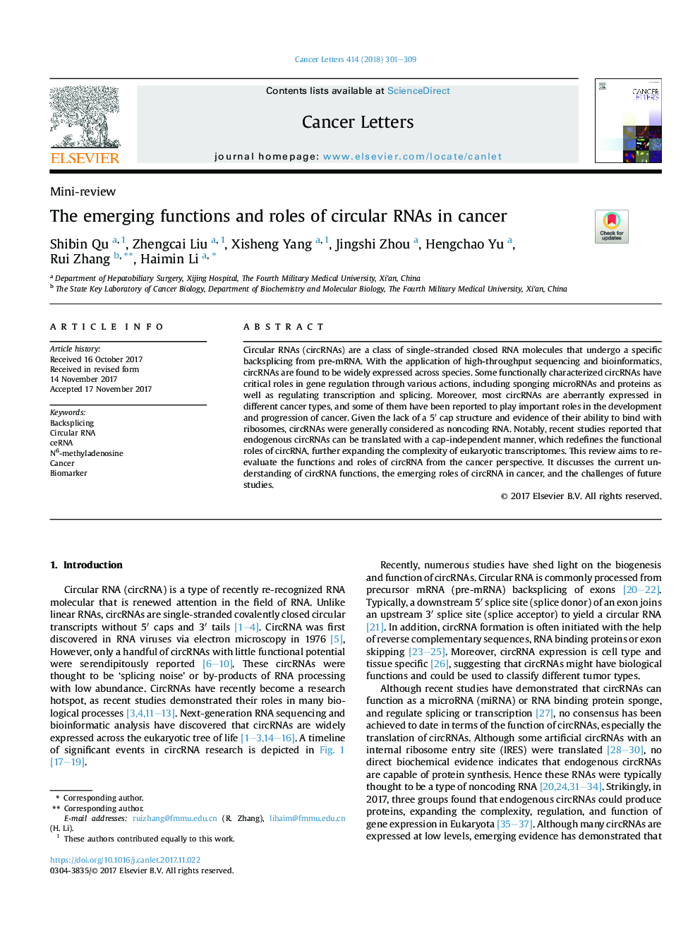 The emerging functions and roles of circular RNAs in cancer