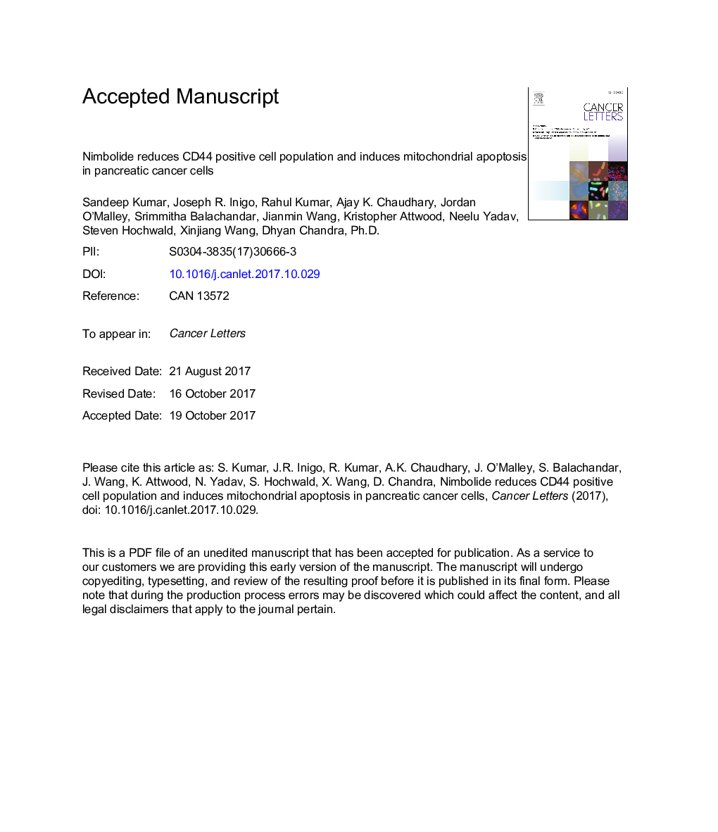 Nimbolide reduces CD44 positive cell population and induces mitochondrial apoptosis in pancreatic cancer cells