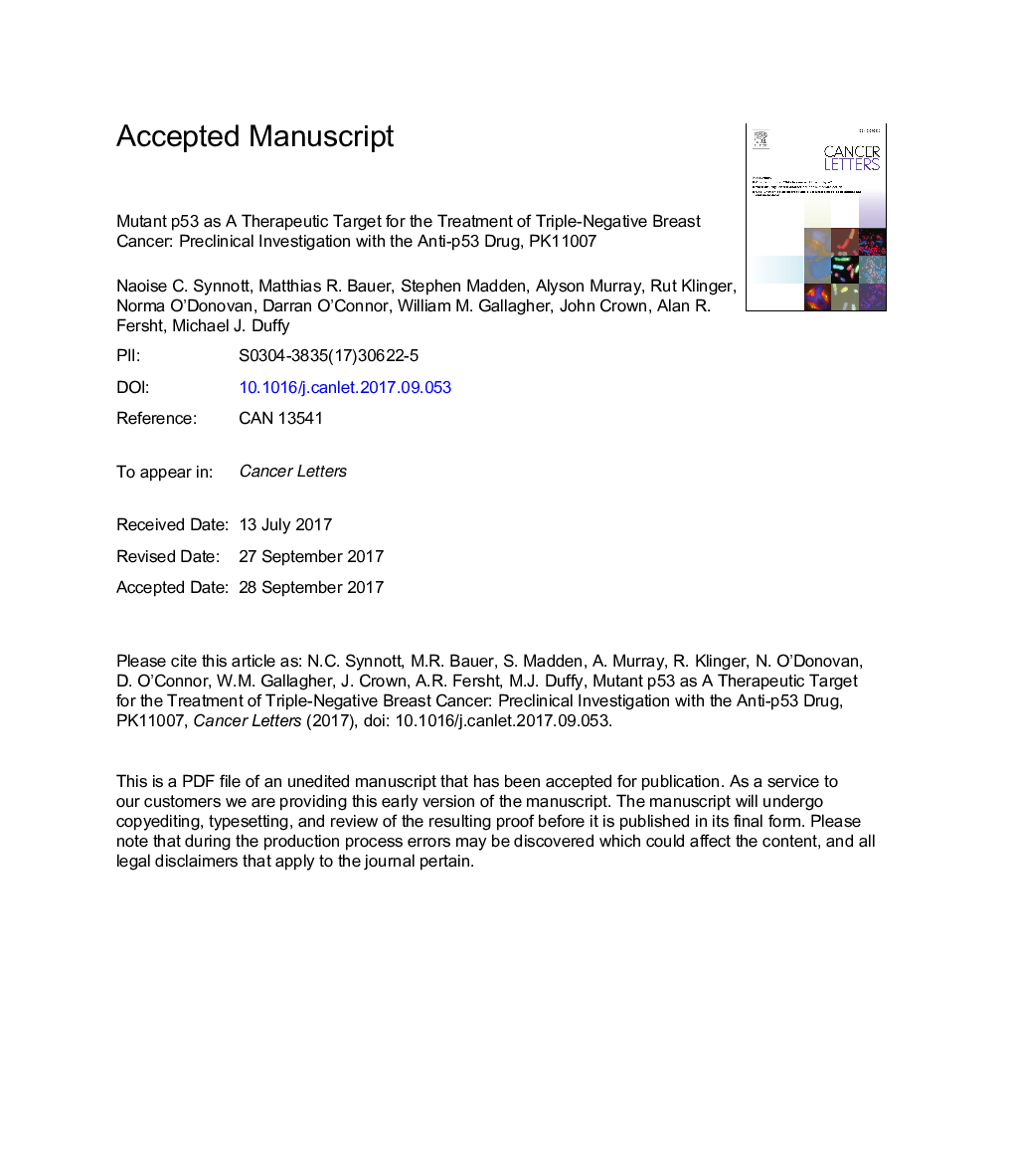 Mutant p53 as a therapeutic target for the treatment of triple-negative breast cancer: Preclinical investigation with the anti-p53 drug, PK11007