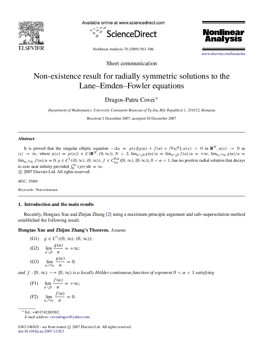 عکس صفحه اول مقاله: Non-existence result for radially symmetric solutions to the Lane–Emden–Fowler equations Non-existence result for radially symmetric solutions to the Lane–Emden–Fowler equations