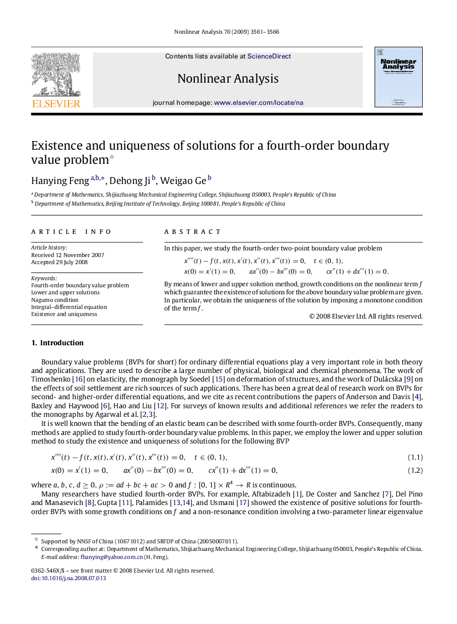 Existence and uniqueness of solutions for a fourth-order boundary value problem 