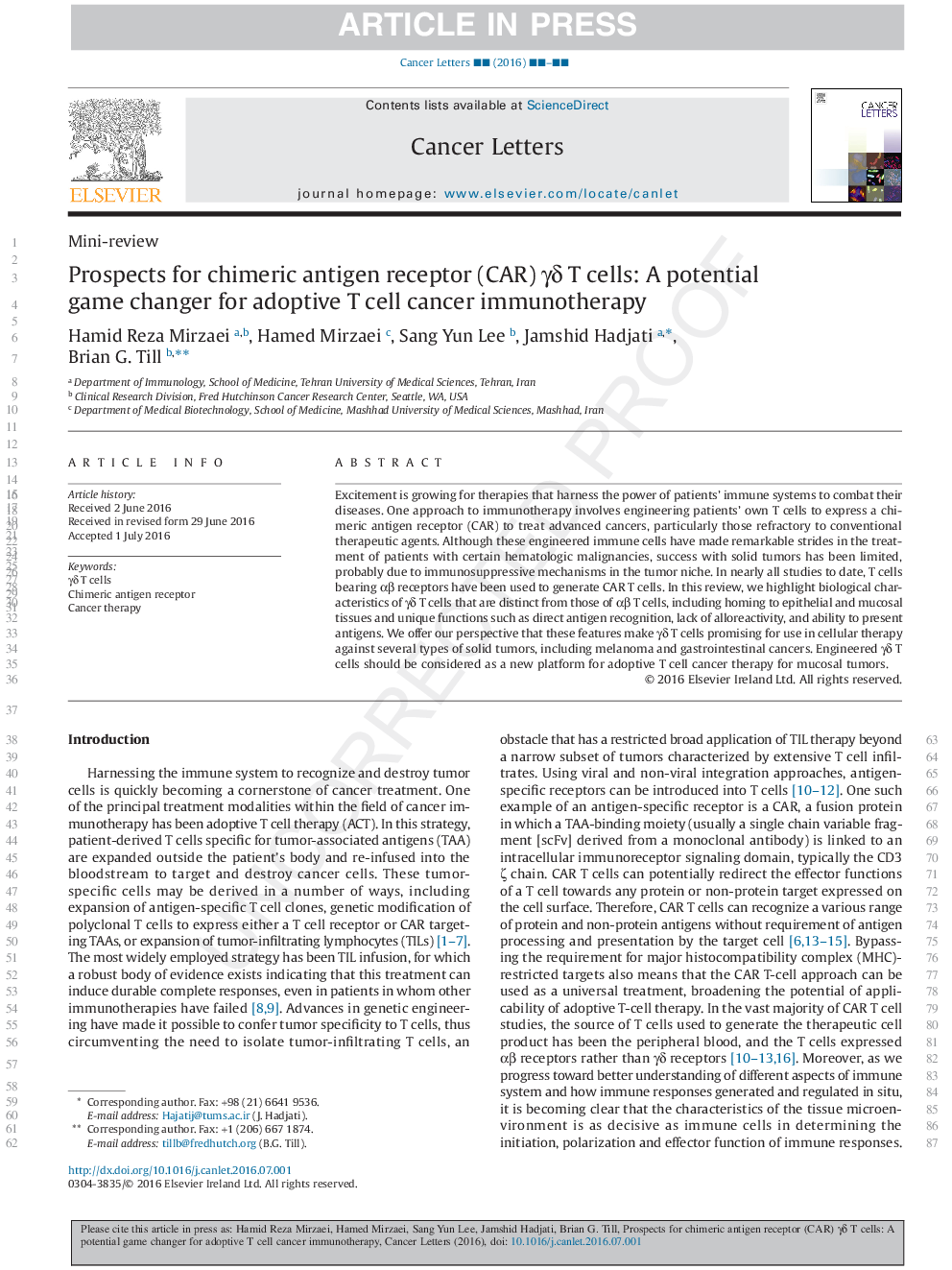 Prospects for chimeric antigen receptor (CAR) Î³Î´ T cells: A potential game changer for adoptive T cell cancer immunotherapy