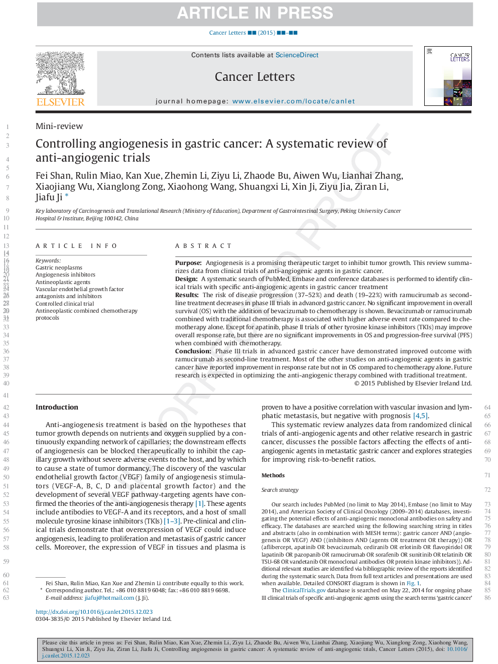 کنترل آنژیوژنز در سرطان معده: یک بررسی سیستماتیک از آزمایشات ضد انژیوژنیک 