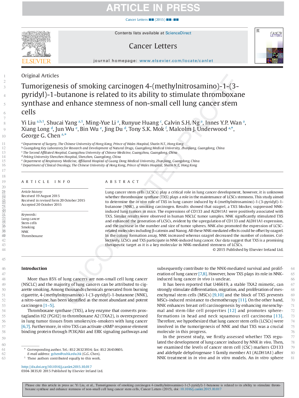 Tumorigenesis of smoking carcinogen 4-(methylnitrosamino)-1-(3-pyridyl)-1-butanone is related to its ability to stimulate thromboxane synthase and enhance stemness of non-small cell lung cancer stem cells