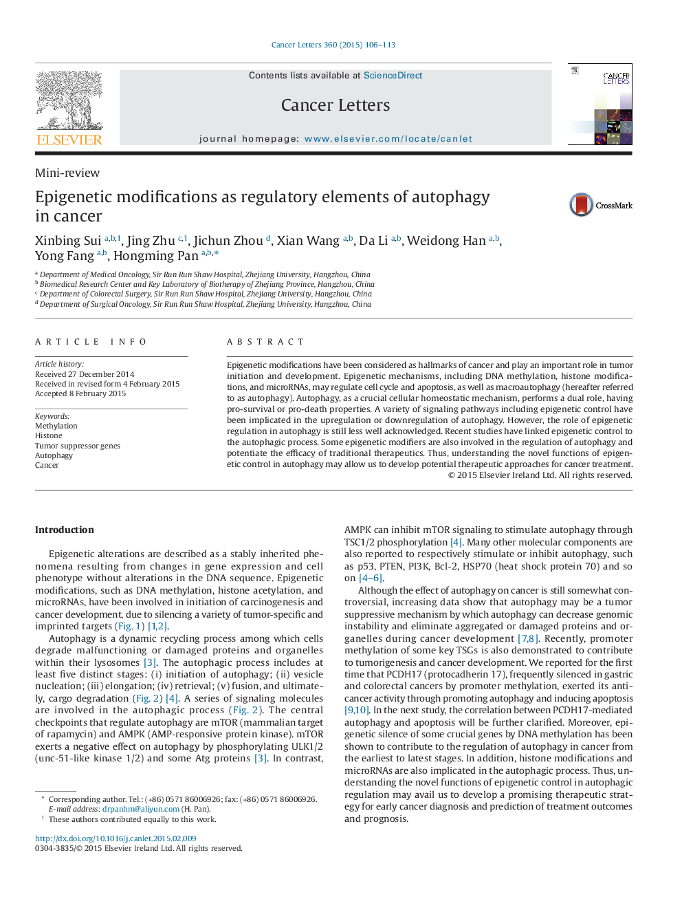 Epigenetic modifications as regulatory elements of autophagy in cancer