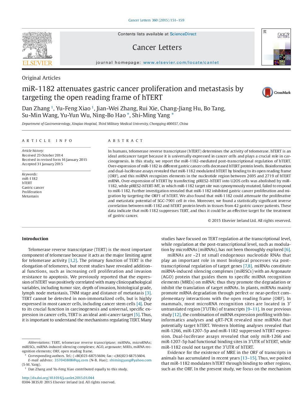 miR-1182 attenuates gastric cancer proliferation and metastasis by targeting the open reading frame of hTERT