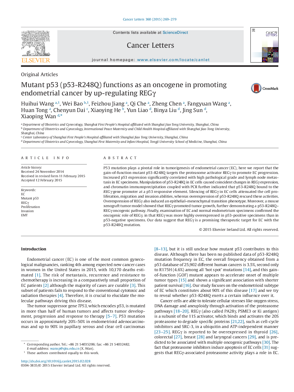 Mutant p53 (p53-R248Q) functions as an oncogene in promoting endometrial cancer by up-regulating REGÎ³