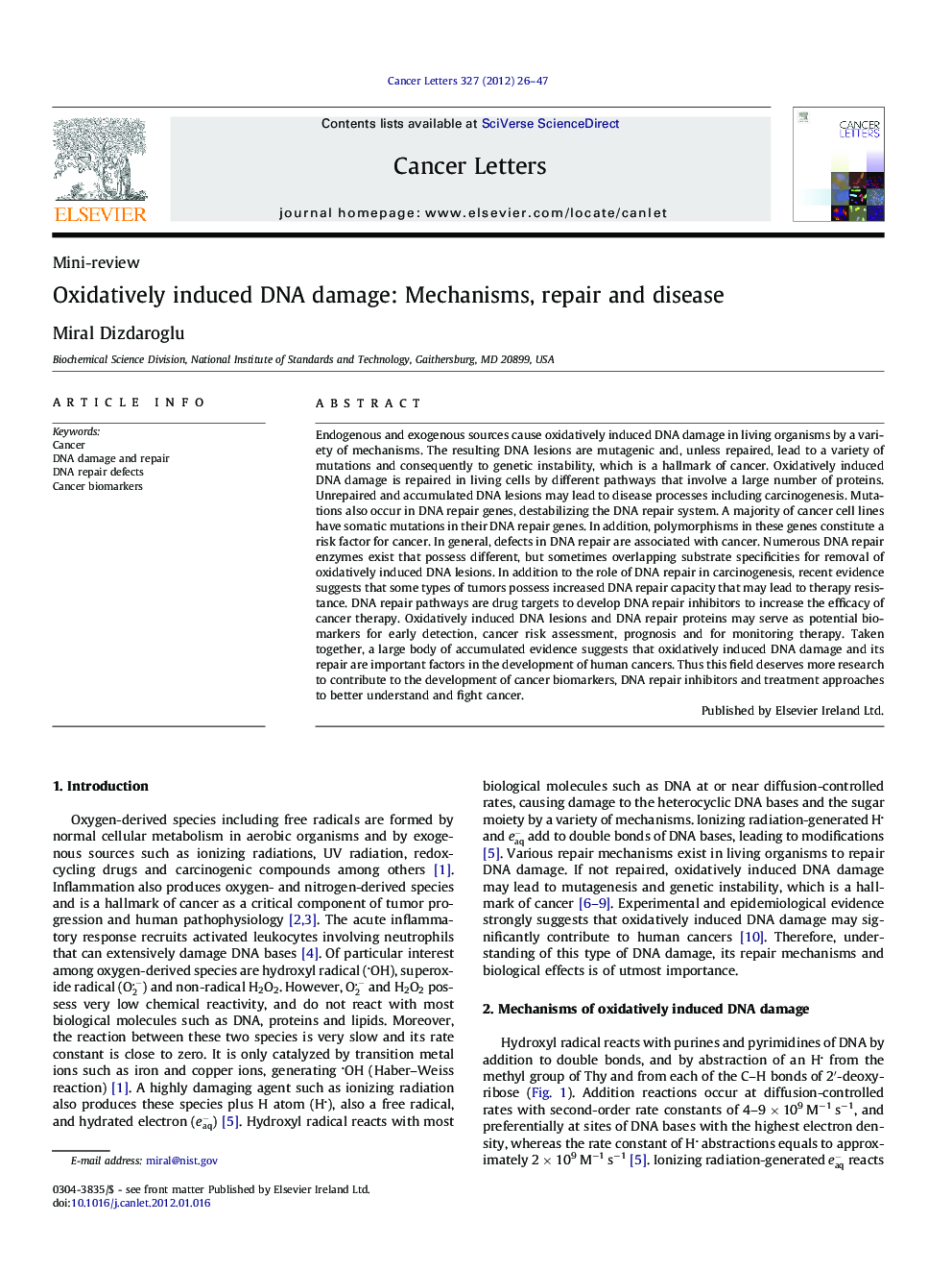 Oxidatively induced DNA damage: Mechanisms, repair and disease