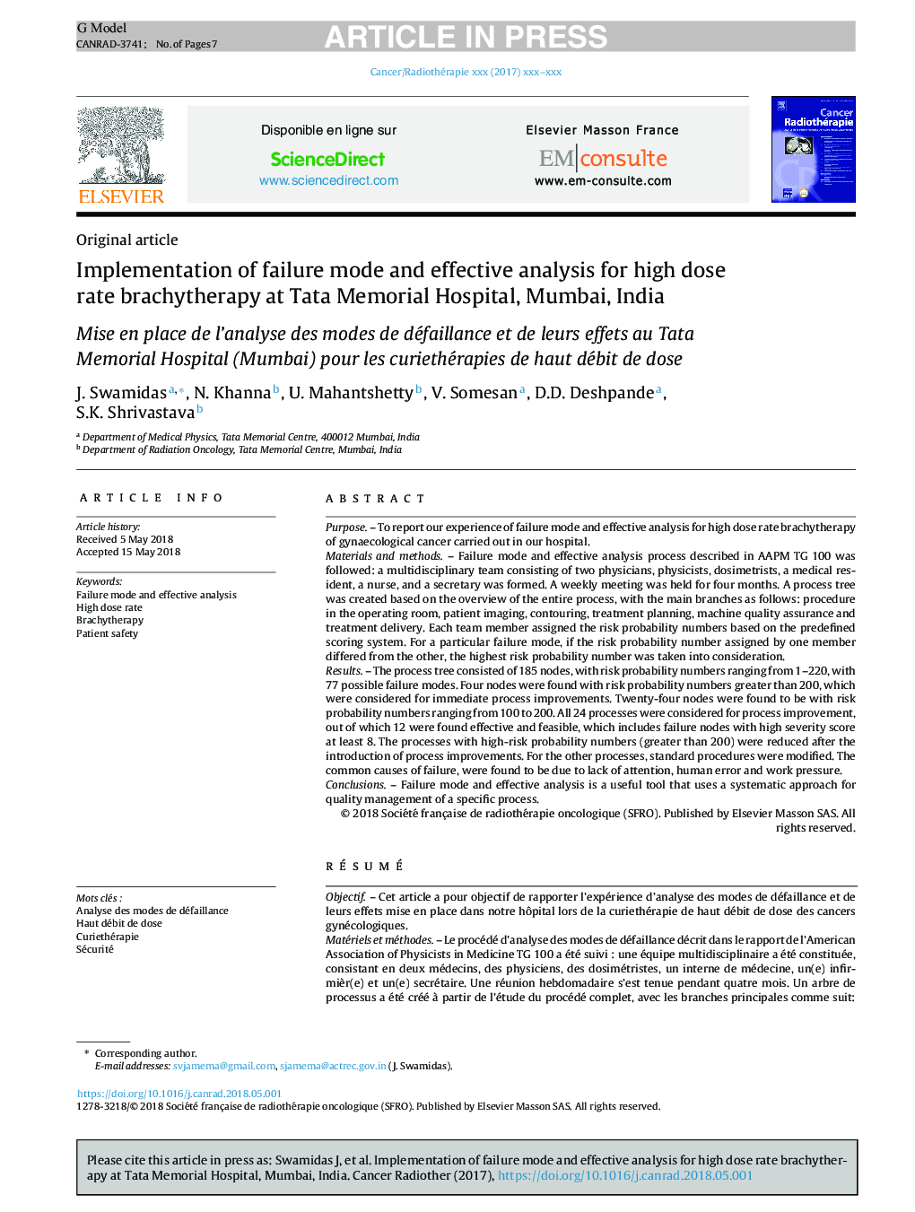 Implementation of failure mode and effective analysis for high dose rate brachytherapy at Tata Memorial Hospital, Mumbai, India