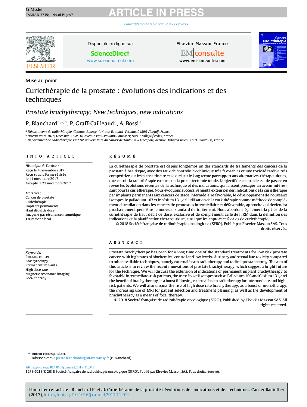 Curiethérapie de la prostateÂ : évolutions des indications et des techniques