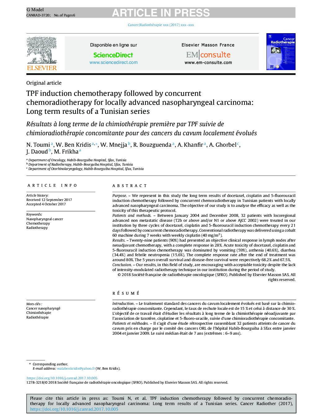 TPF induction chemotherapy followed by concurrent chemoradiotherapy for locally advanced nasopharyngeal carcinoma: Long term results of a Tunisian series