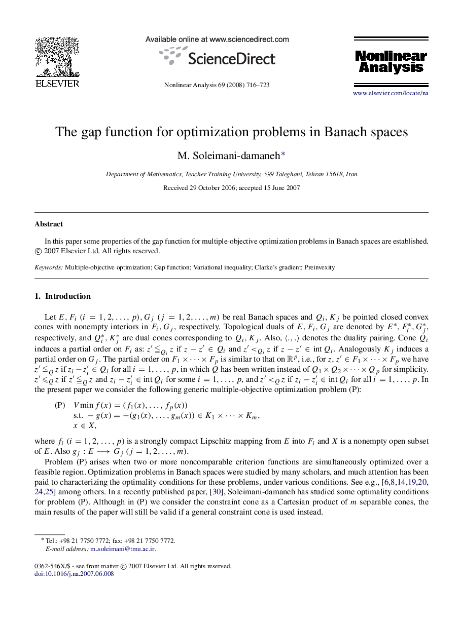 The gap function for optimization problems in Banach spaces