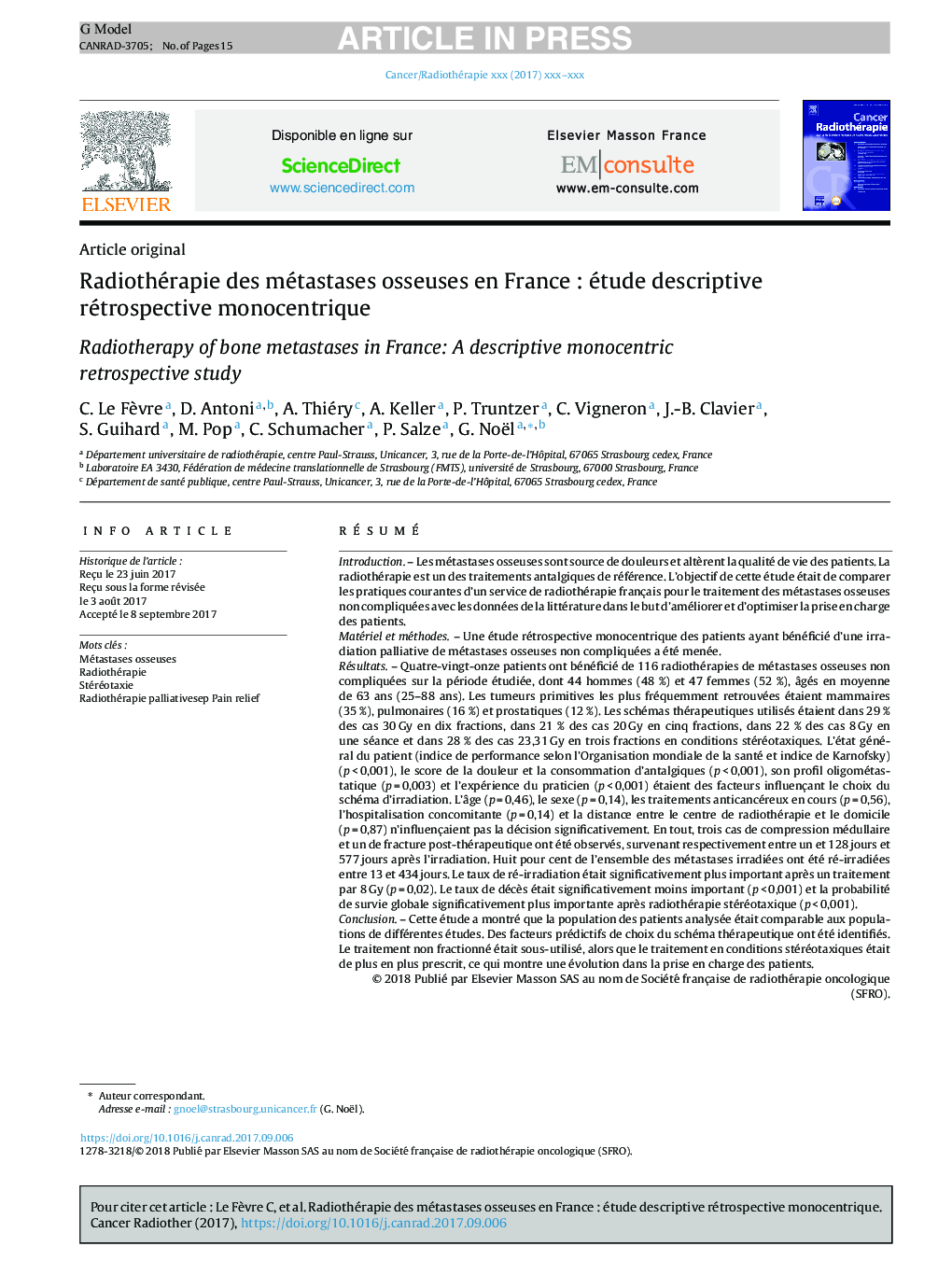 Radiothérapie des métastases osseuses en FranceÂ : étude descriptive rétrospective monocentrique