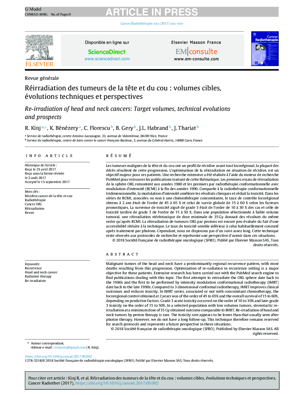 Réirradiation des tumeurs de la tÃªte et du couÂ : volumes cibles, évolutions techniques et perspectives