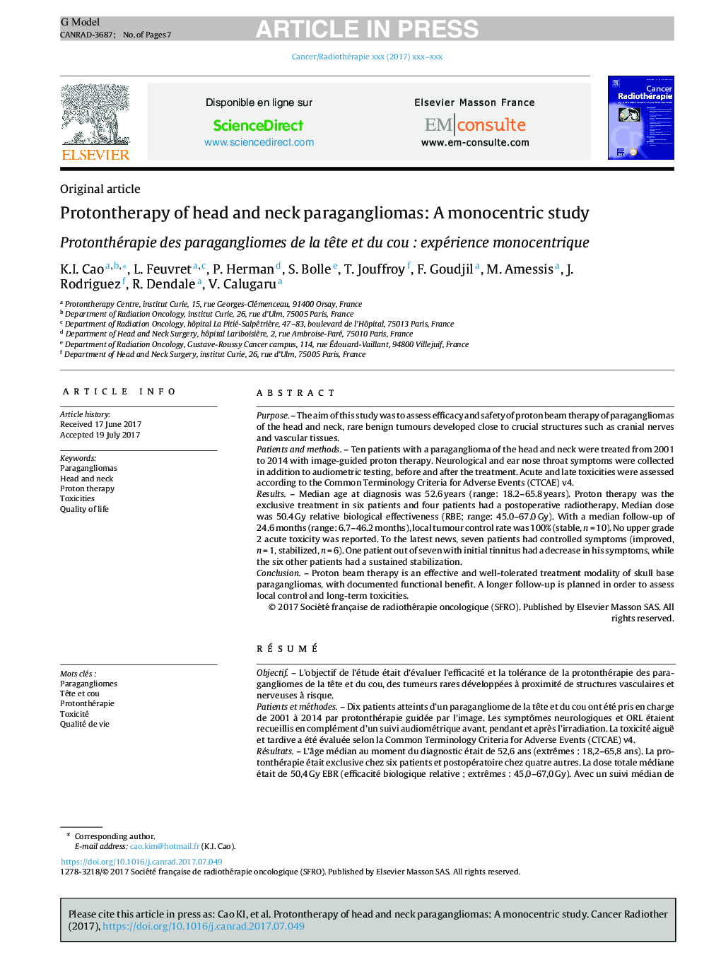 Protontherapy of head and neck paragangliomas: A monocentric study