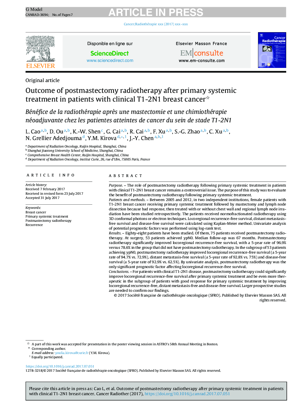 Outcome of postmastectomy radiotherapy after primary systemic treatment in patients with clinical T1-2N1 breast cancer