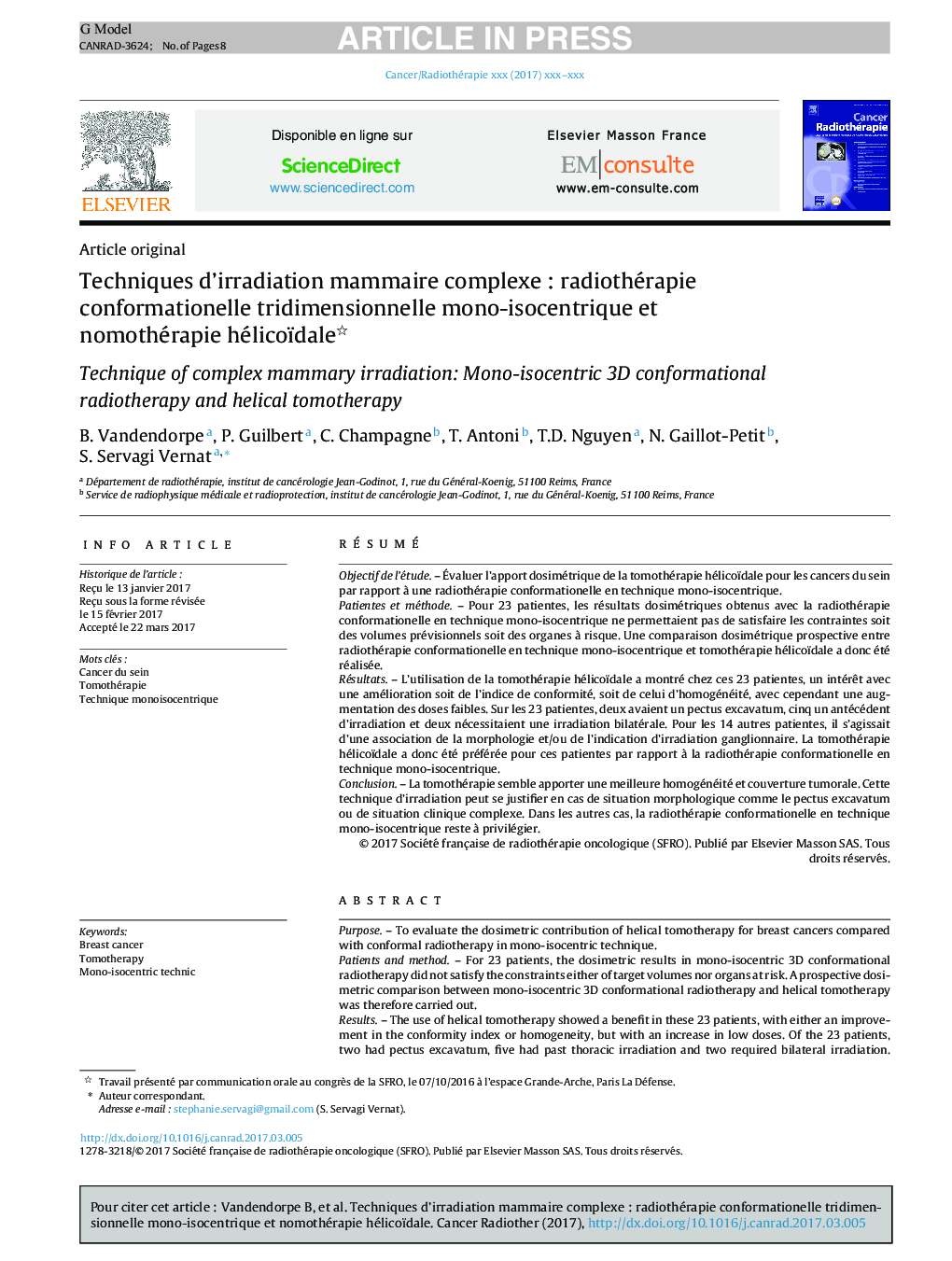 Techniques d'irradiation mammaire complexeÂ : radiothérapie conformationelle tridimensionnelle mono-isocentrique et nomothérapie hélicoïdale