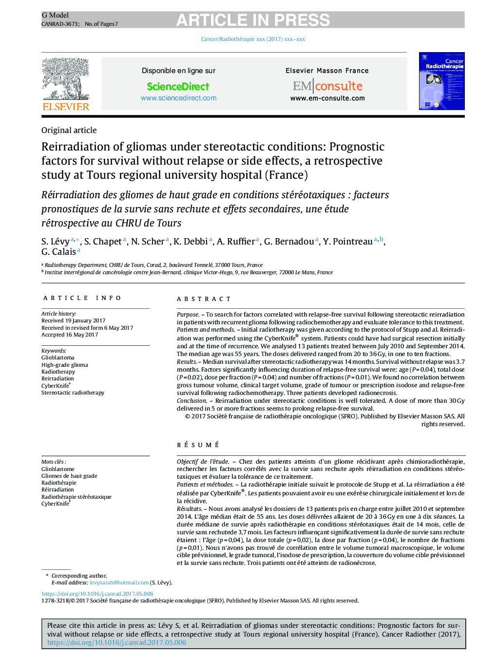 Reirradiation of gliomas under stereotactic conditions: Prognostic factors for survival without relapse or side effects, a retrospective study at Tours regional university hospital (France)