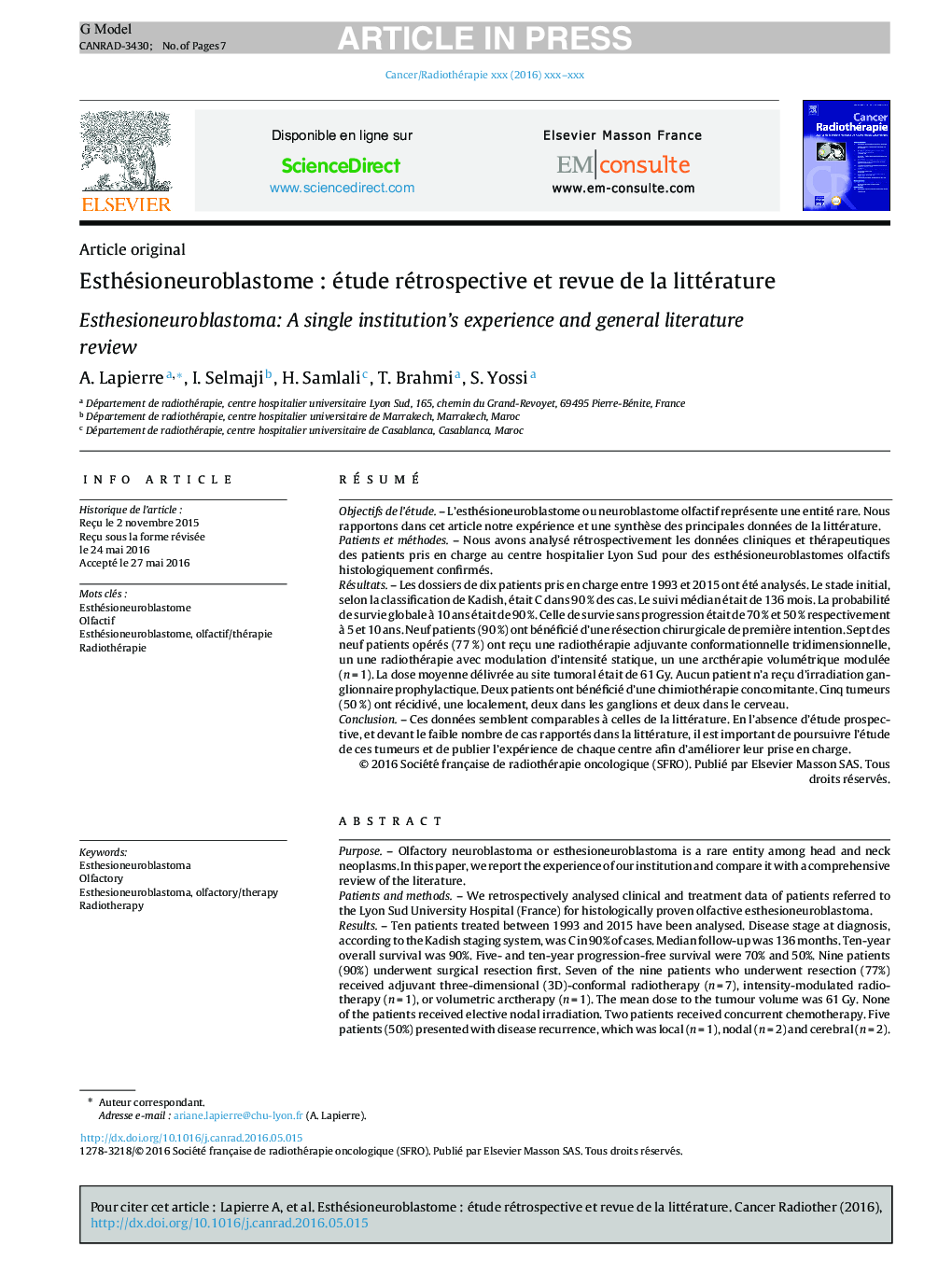 EsthésioneuroblastomeÂ : étude rétrospective et revue de la littérature