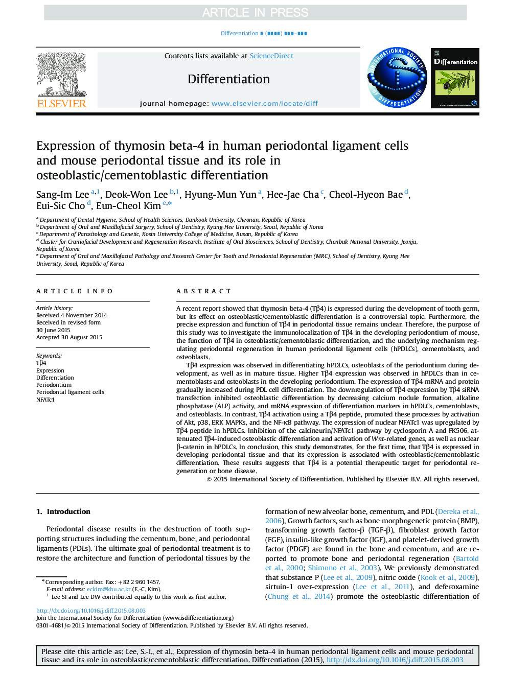 Expression of thymosin beta-4 in human periodontal ligament cells and mouse periodontal tissue and its role in osteoblastic/cementoblastic differentiation