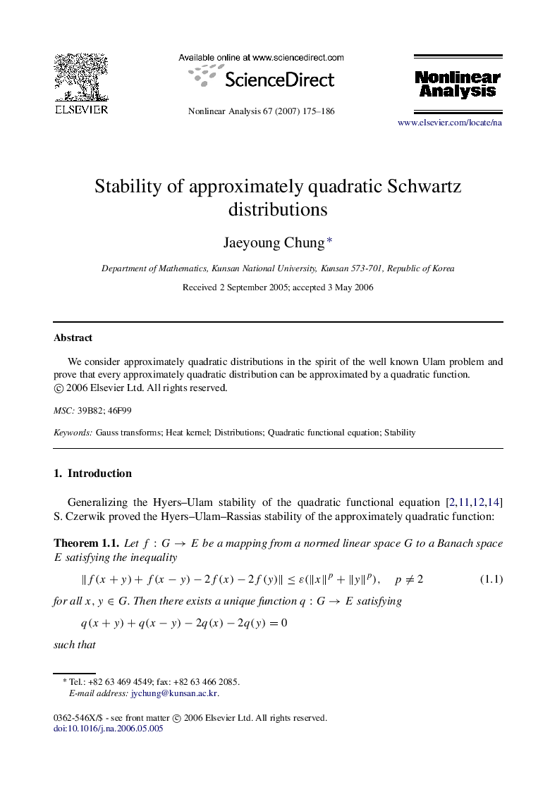 Stability of approximately quadratic Schwartz distributions