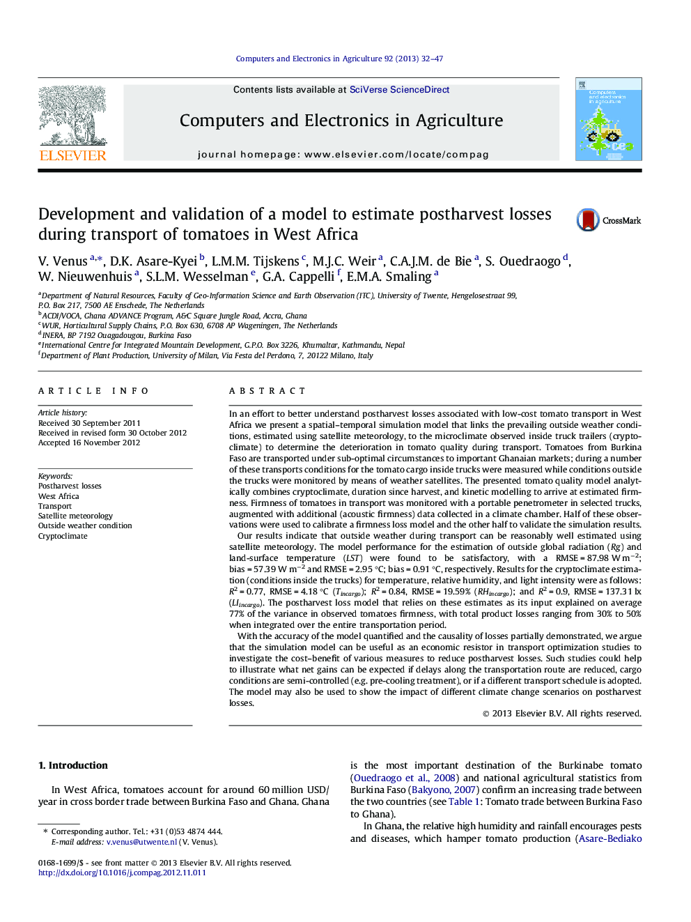 Development and validation of a model to estimate postharvest losses during transport of tomatoes in West Africa