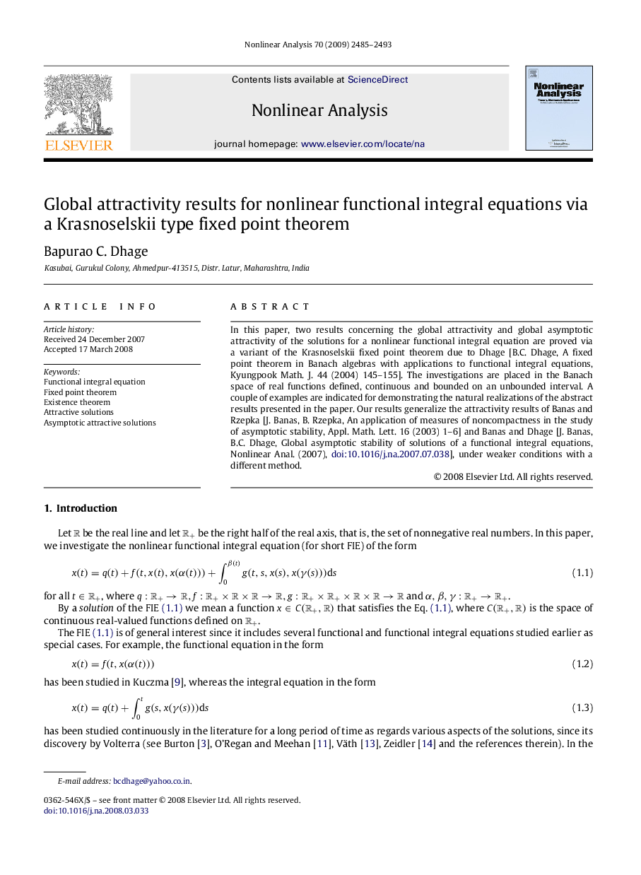 Global attractivity results for nonlinear functional integral equations via a Krasnoselskii type fixed point theorem