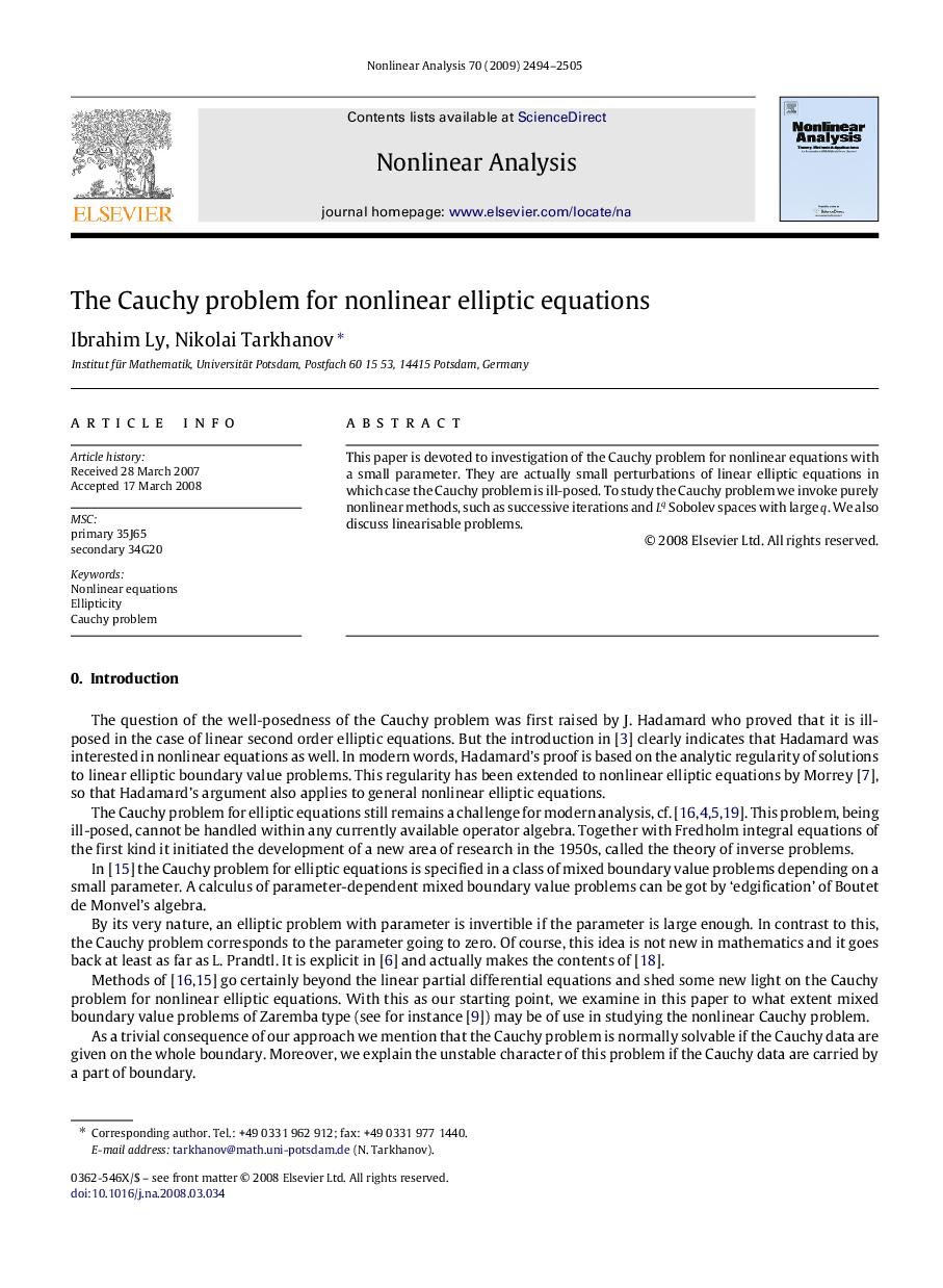 The Cauchy problem for nonlinear elliptic equations