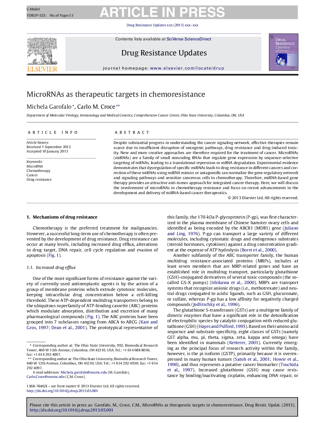 عکس صفحه اول مقاله: MicroRNAs as therapeutic targets in chemoresistance MicroRNAs as therapeutic targets in chemoresistance