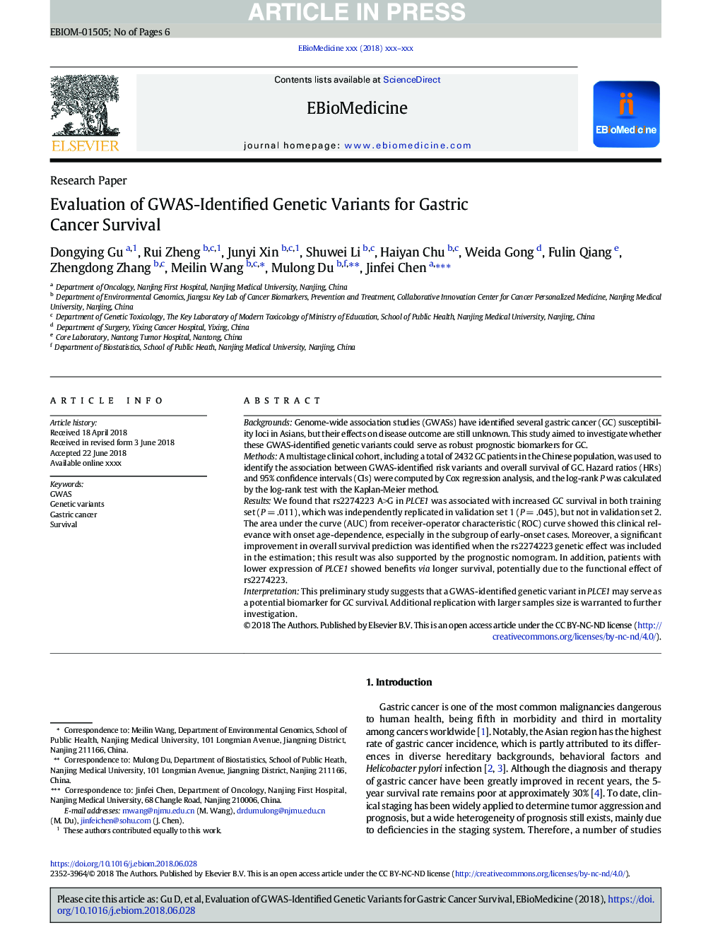 Evaluation of GWAS-Identified Genetic Variants for Gastric Cancer Survival