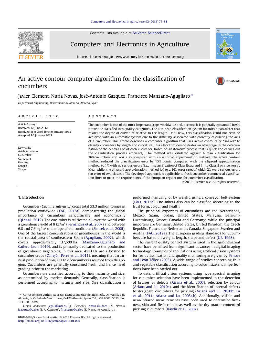 An active contour computer algorithm for the classification of cucumbers